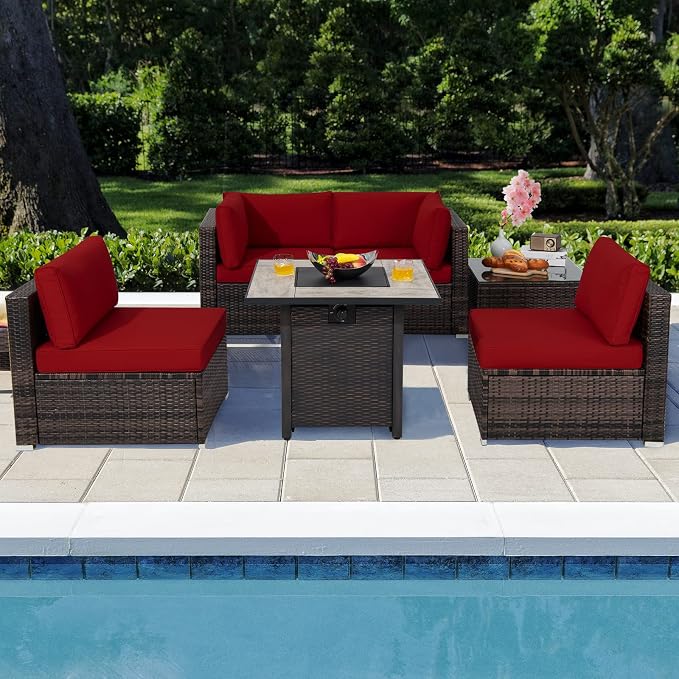 Tangkula 6 Piece Outdoor Rattan Sofa Set with 30in Propane Gas Fire Table, Ceramic Fire Tabletop, 50,000 BTU Heat Output, Cushions & Fire Pit Dust Cover, Patiojoy Weatherproof Wicker Set (Red)