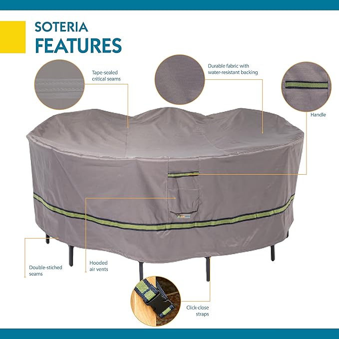 DUCKCOVERS Soteria Waterproof 76 Inch Round Patio Table with Chairs Cover, Outdoor Table and Chair Cover