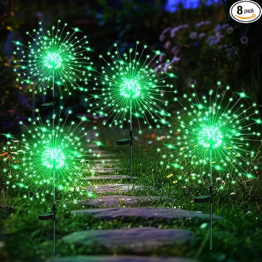 GIGALUMI 4 Pack Solar Firework Lights Outdoor, Halloween Decor, Green | 120 LEDs, Fairy Design, Waterproof, Garden Decor, Solar Powered for Yard, Pathway, Flowerbed, Planter, Balcony, Gifts for Mom