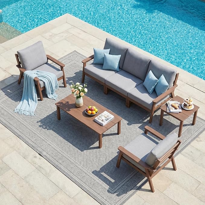 LOUNZY HDPE Outdoor Furinture Set,7 Piece Sectional Sofa Patio Furniture Set, All Weather Outdoor Couch Set Patio Furniture Set for Deck, Lawn, Brown