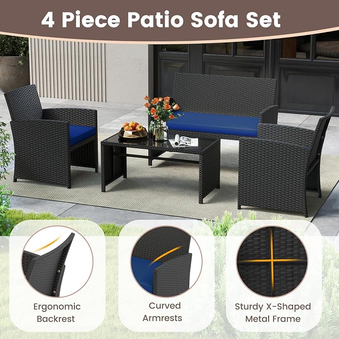 HAPPYGRILL 4 Piece Rattan Wicker Patio Conversation Set, Outdoor Furniture with Chair Loveseat Table & Cushion, for Backyard Porch Balcony (1, Black & Navy)