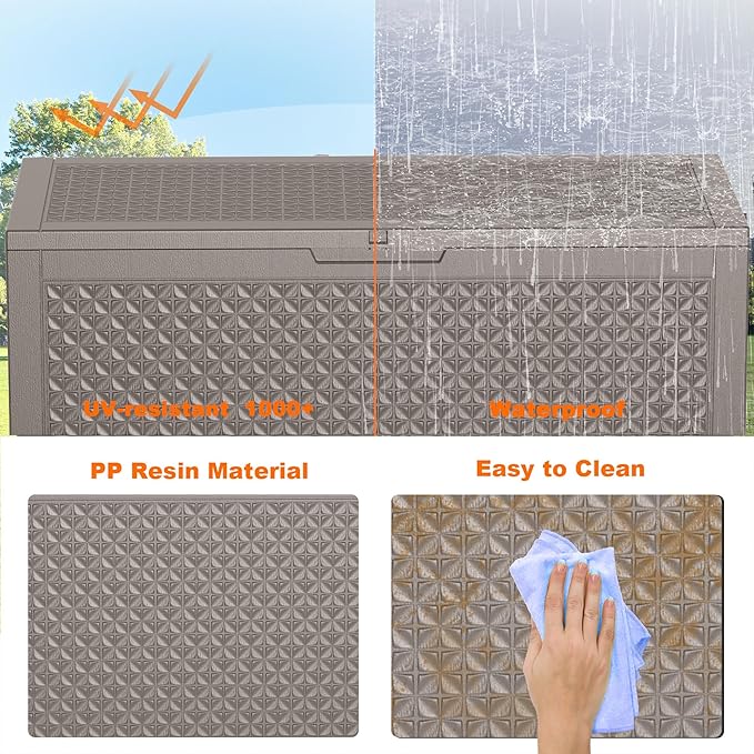 PatioZen 110 Gallon Deck Box Outdoor, Weatherproof Resin Patio Storage Box, Waterproof Outdoor Storage Boxes with Lid Lockable for Cushions, Garden Tools,Grey