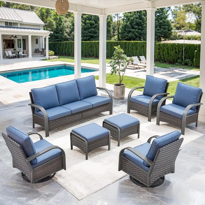 Belord Patio Conversation Sets - 7 Piece Outdoor Patio Furniture Sets with Swivel Rocker Outdoor Chairs, Wicker Couch, Rattan Ottoman for Lawn Backyard Porch Garden, Brown
