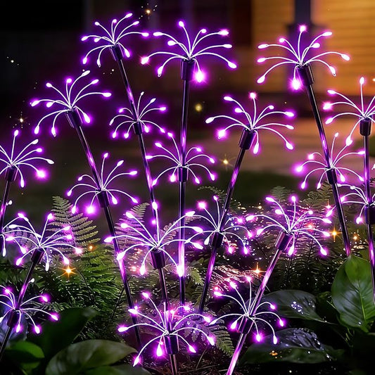Solar Garden Lights Outdoor, 4 Pack 2-Layer Purple Solar Firework Lights | Purple Halloween Decoration, Waterproof Starburst Fairy Light Garden Decor for Christmas Yard Patio Pathway Lawn