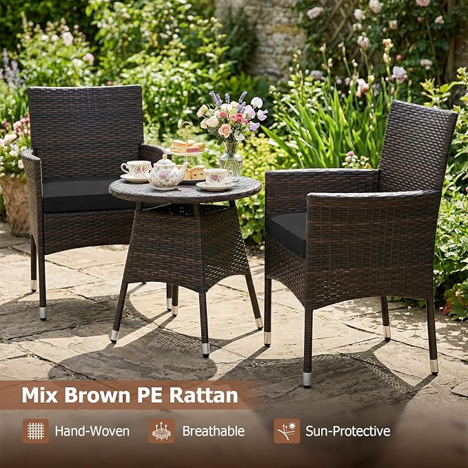 Tangkula 3 Piece Patio Furniture Set, Hand-Woven PE Wicker Conversation Set with Contoured Armchairs, Cushions & Round Coffee Table, Outside Bistro Set for Porch, Backyard, Balcony & Poolside (Black)