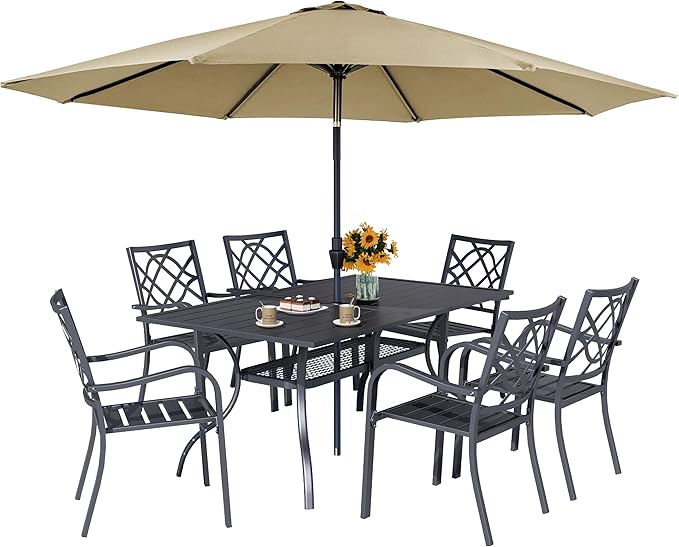 Crownland 7 Piece Outdoor Patio Metal Dining Sets, 6 Stackable Metal Chairs and Rectangular Outdoor Dining Table with with Khaki 9FT Round Outdoor Umbrella, for Backyard, Garden (Classic Black)