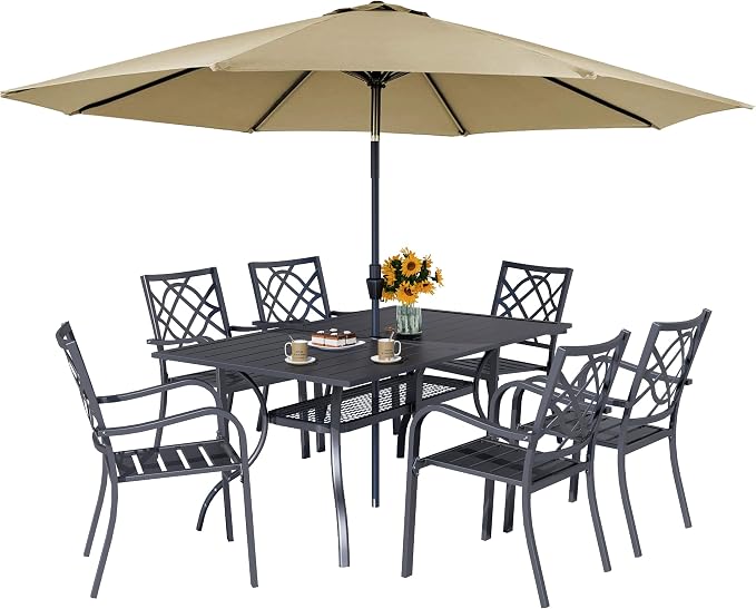 Oakcloud 7-Piece Patio Dining Set with Brown Umbrella, Outdoor Metal Furniture Dining Table Set 6 Stackable Patio Dining Chairs and Rectangle Dining Table with Umbrella Hole