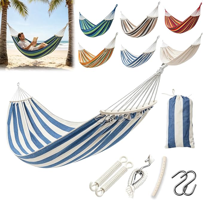 Hammock Replacement for Stand (Blue & White, 2 Person, Anti-ROLL Design) | Hammock Without Stand, Rope Hammocks for Outdoor Travel Portable Lightweight Hammocks with Tree Straps and Storage Bag