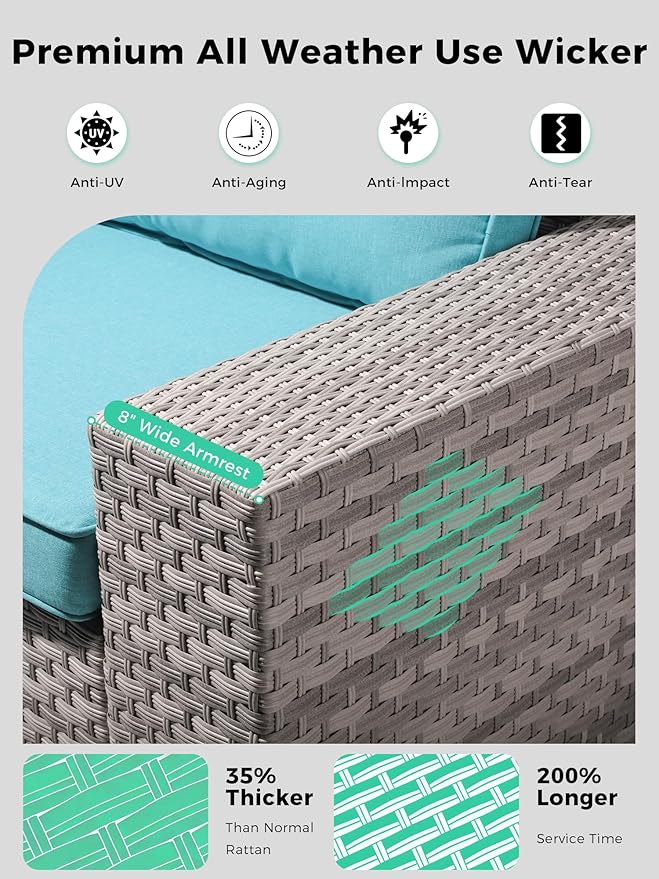 10 Piece Outdoor Wicker Sectional Sofa Set with Swivel Chairs & Fire Pit Table, 7-Seats with 4" Thickened Cushions & Coffee Table, All-Weather PE Rattan for Garden, Backyard, Porch, Turquoise
