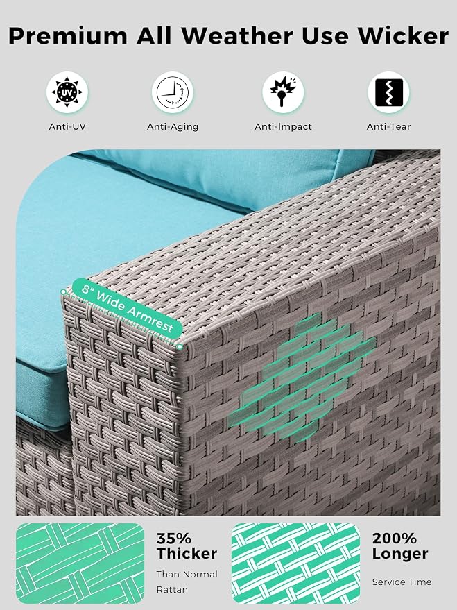 6 Piece Outdoor Wicker Sectional Sofa Set, 5-Seats Patio Furniture Conversation Set with 4" Thickened Cushions & Coffee Table, All-Weather PE Rattan for Garden, Backyard, Porch, Turquoise