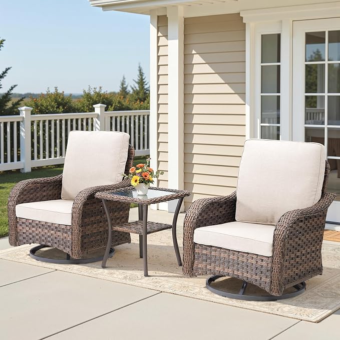 3 PCS Patio Swivel Rocking Chairs Set, Outdoor Wicker Furniture with 4-Inch Thick Olefin Cushions & Side Table, 300 lbs Capacity Swivel Rocker Chairs for Porch, Balcony, Backyard, Beige