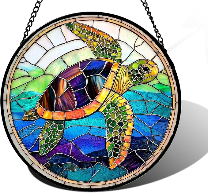 DASTOLL Stained Glass Window Hanging, Colored Turtle Ocean Suncatcher Diamond Glass Panel Hangings Marine Life Sun Catchers Decor for Birthday for Women, Men, Wife, Aunt, Mom 11.8 in