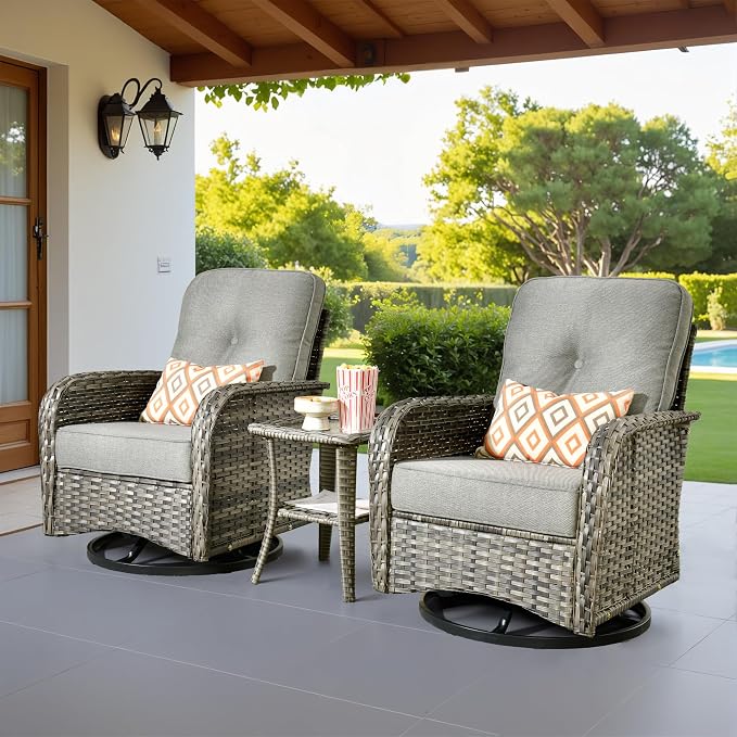3 Piece Patio Swivel Rocker Chairs Set with Side Table, Dark Gray | High Back Rocking Chair, Heavy Duty All Weather Rattan Outdoor Conversation Set, Thick Cushion, Balcony Porch Backyard