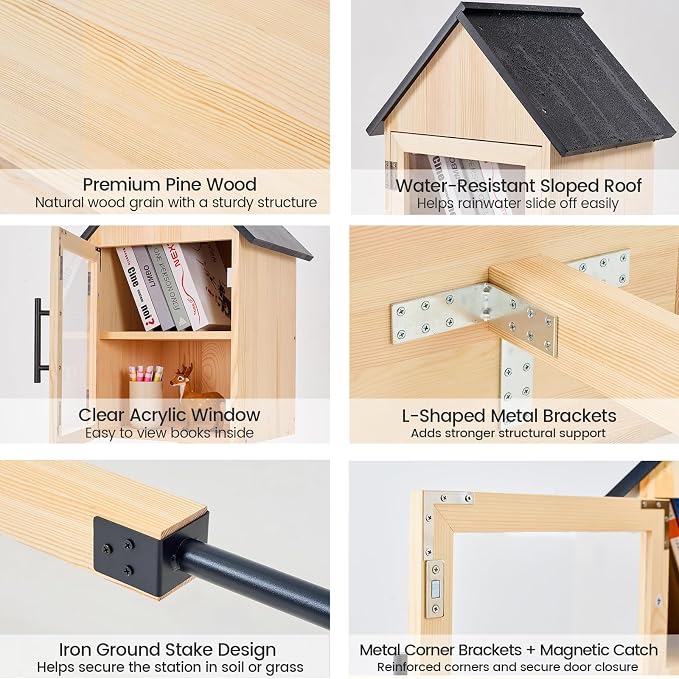 Little Library Box Outdoor with Bench & Planter, 3-in-1 Solid Pine Wood Community Book Exchange Box, Outdoor Neighborhood Library Station with Ground Stakes for School, Garden, Park & Patio