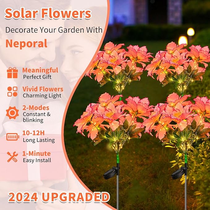 Neporal Solar Flowers Outdoor Waterproof Rhododendron，Garden Solar Lights Decorative 4PK 7-Stem, 2 Decor Lighting Modes, Solar Powered Garden Decor, Solar Yard Decor (Pink-2PK)