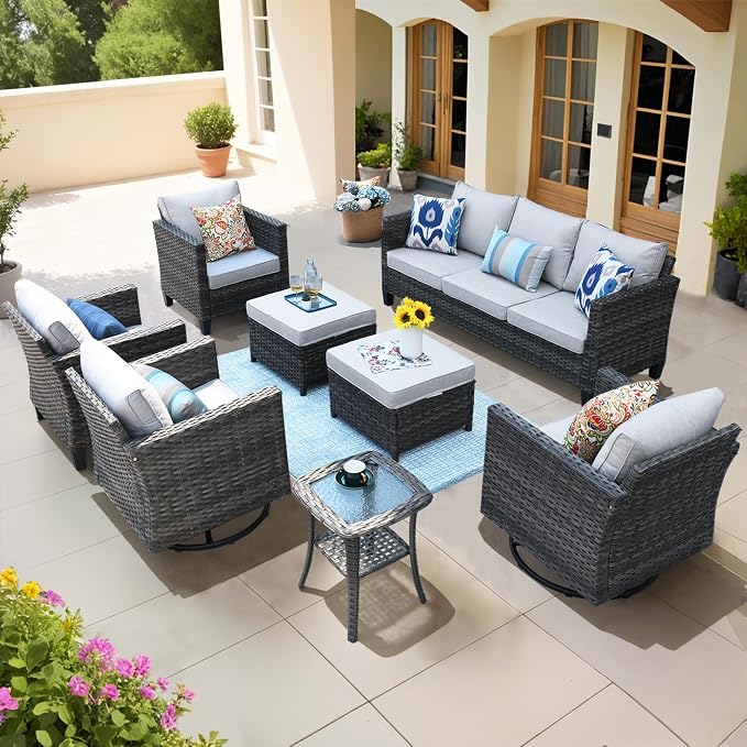 ovios 8 Pieces Patio Furniture Set, Outdoor Wicker Sofa Couch with Swivel Chairs, Rocking Glider Rocker with Comfy Cushions All Weather Rattan Conversation Set, Grey