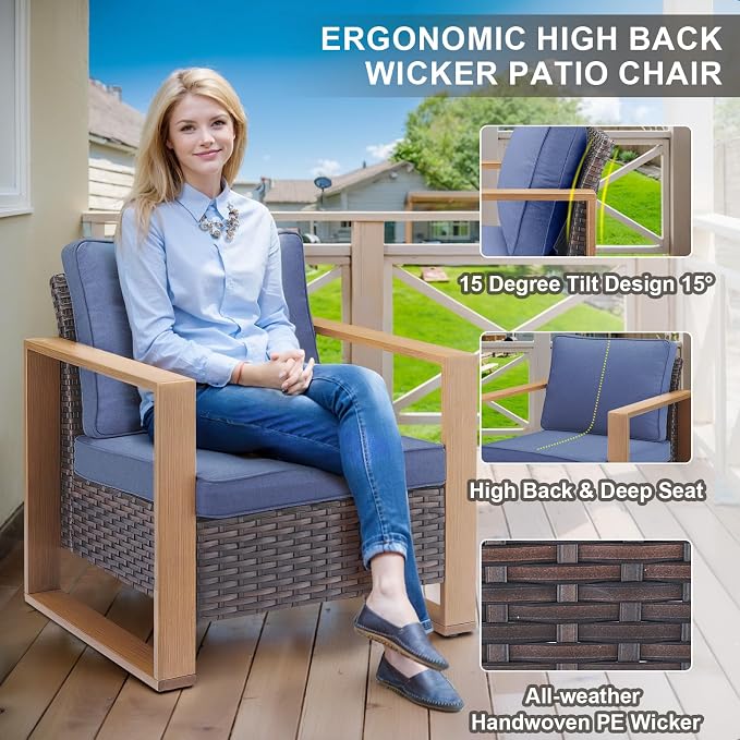 Belord 6 Piece Outdoor Patio Furniture Set with Propane Fire Pit Table, Wicker Patio Conversation Set with2 Patio Wicker Chairs Rattan Sofa and Removable 4" Thick Cushions for Deck Backyard