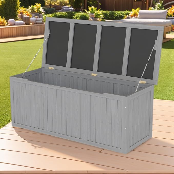 Domesto 112 Gallon Extra-Large Outdoor Deck Box, Solid Wood Storage Box Seat & Table Top, For Patio Cushions, Pool, Garden Tools (Grey, 112 Gallon)