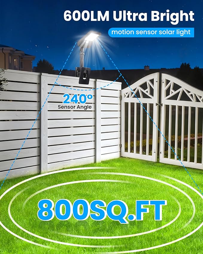Clip on Solar Lights for Fence,1-Second Install Solar Fence Lights Outdoor, 360° Adjustable, 60 LEDs 600LM Motion Sensor Security Light for Fence, Yard, Deck, Camping(2 Pack)