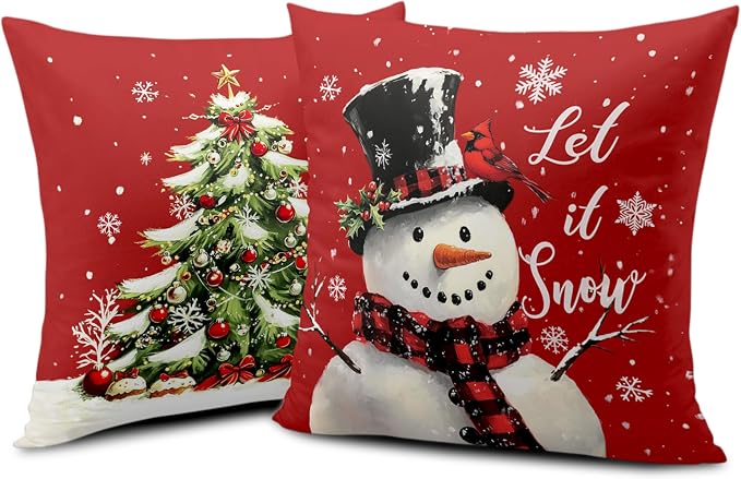 Red Christmas Pillow Covers Snowman Throw Pillow Covers Xmas Tree Pillow Case 18x18 Winter Snowflakes Cotton Blend Cushion Case for Holiday Decor Couch Sofa 2 Pack