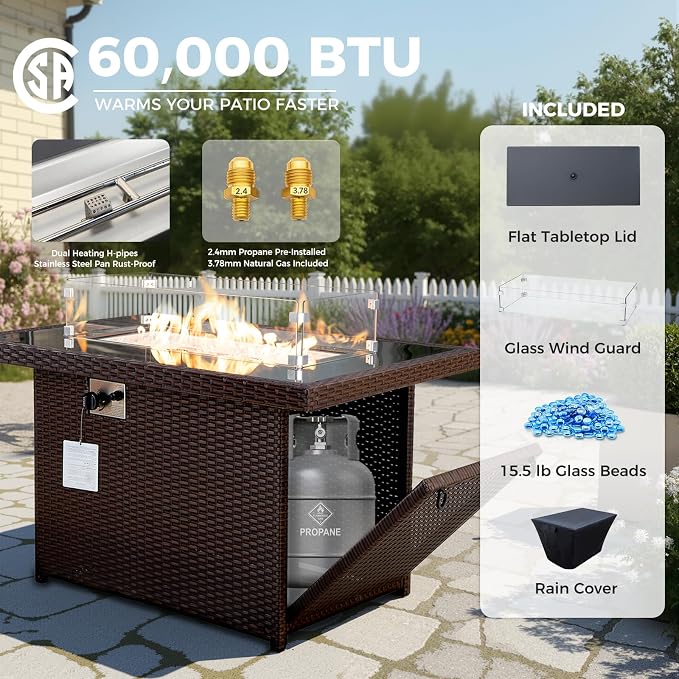 BULEXYARD 9 Pcs High Back Outdoor Sectional Set with Firepit Table, Luxury Patio Furniture Seating Set, Oversized Wide Deep Modular 8-Seater Couch Sofa for Backyard, Brown Wicker & Navy Blue Cushion