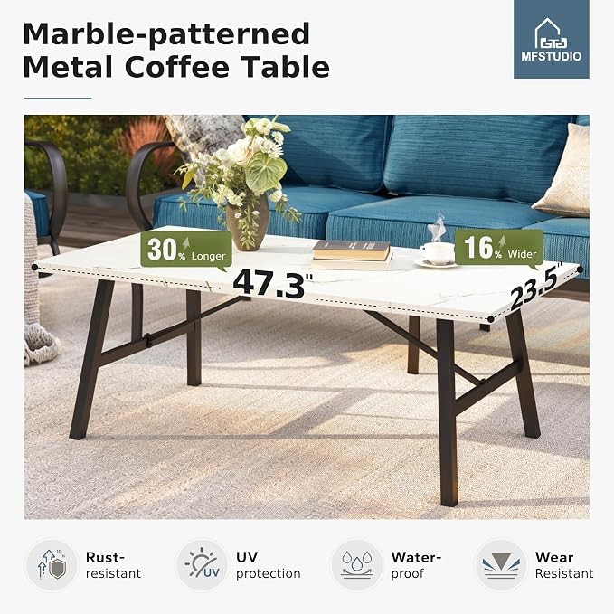 MFSTUDIO 6 Pieces Metal Patio Furniture Sets, 2 Swivel Chairs, 3-Seat Loveseat Sofa, 2 Patio Chairs & 1 Marbling Coffee Table, All Weather 7 Seats Outdoor Conversation Set for Garden, Peacock Blue