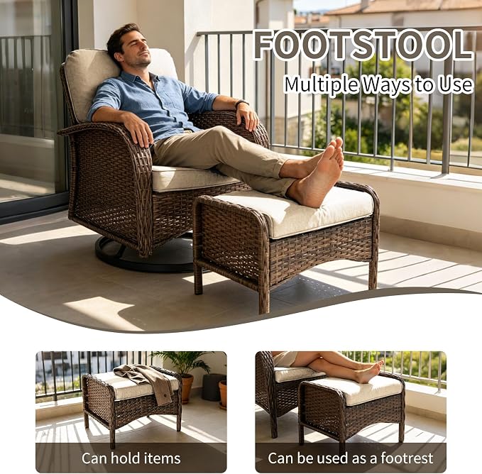 Outdoor Swivel Rocker Patio Chairs (Brown Wicker/Khaki Cushion, 7PC/Sofa & Swivel &2 Table & Ottomans)