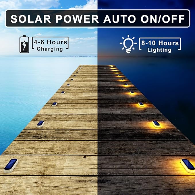 DetarZinLED Solar Step Lights Outdoor Waterproof LED, 4 Pack Warm White Flat Solar Powered Deck Lights for Outside, Stick on Light Bar for Stair, Dock, Patio, Garden, Path, Walkway, Driveway, Porch