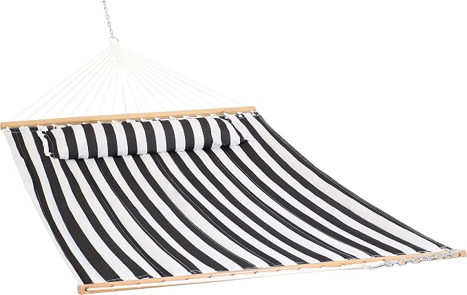 Sunnydaze Set of 2 Outdoor Quilted Fabric Hammocks - 2-Person Hammock with Spreader Bars - Black/White and Blue/Green