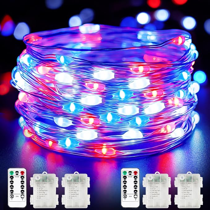 4th of July Fairy Lights Battery Operated 4 Pack 100 LED Red Blue White | Remote Control, 8 Modes, Timer, Adjustable brightness, Waterproof Lights for Indoor Outdoor Classroom Christmas Decor