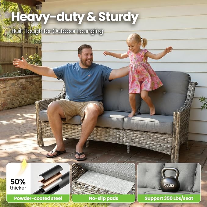 8 Piece Patio Furniture Set with Fire Pit Table, All Weather Wicker High Back Sofa Chairs Ottoman with Thick Cushion, Outdoor Conversation Sets for Large Backyard Deck Garden, Dark Gray