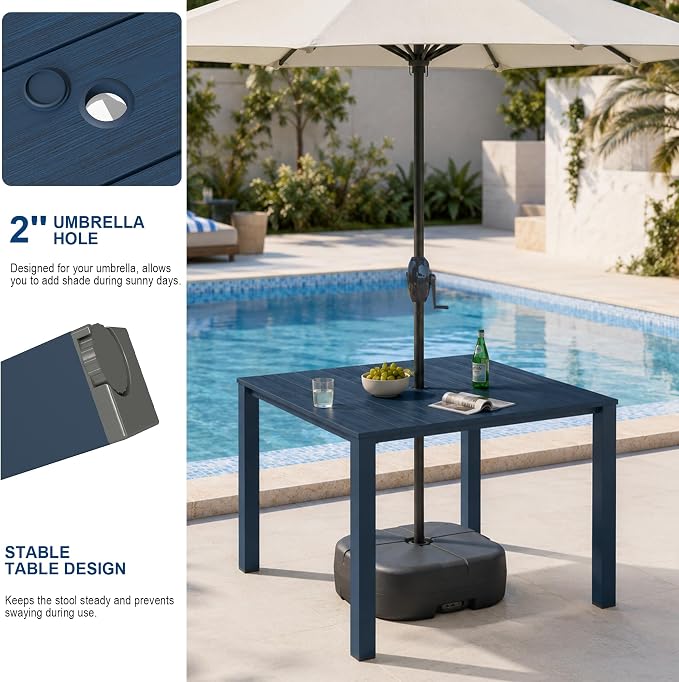 Domi HDPE Outdoor Dining Set, All-Weather Outdoor Dining Table Set of 5 with 2" Umbrella Hole, Outdoor Patio Dining Set for Garden, Poolside, Backyard, Deck, Blue