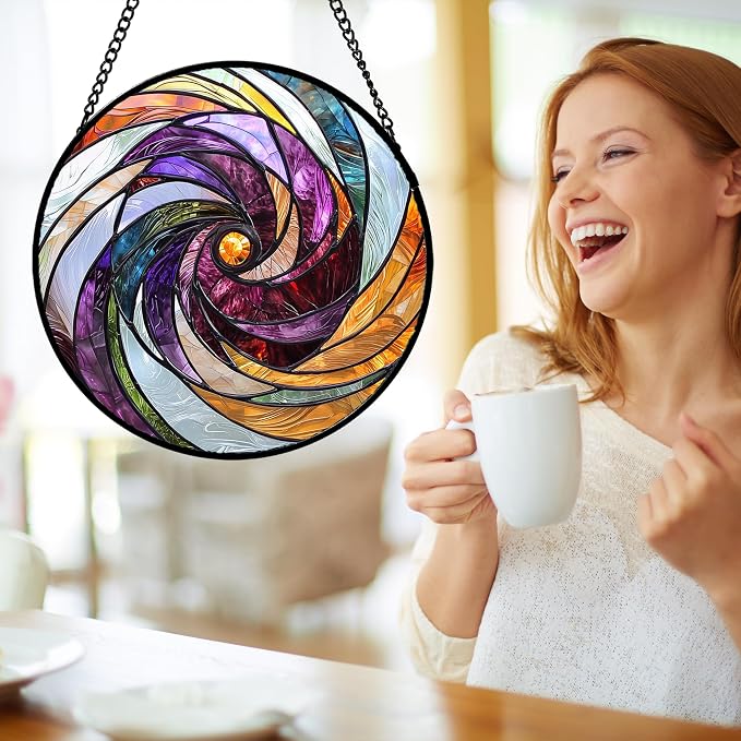 DASTOLL Stained Glass Window Hanging, Colorful Abstract Spiral Pattern Suncatcher for Doors Window Home Sun Catchers Decoration Mother's Day Birthday Gifts for Women, Men, and Mom 9.8 in