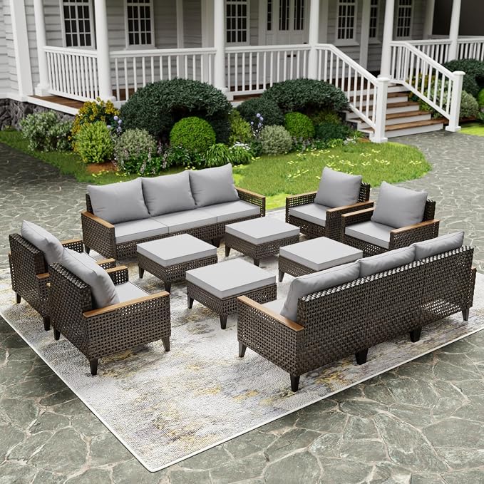14 Piece Patio Furniture Set, All-Weather Wicker Rattan Outdoor Sectional Sofa Set with High Back and Thick Cushions, Large Conversation Set for Garden, Porch, Poolside, Grey