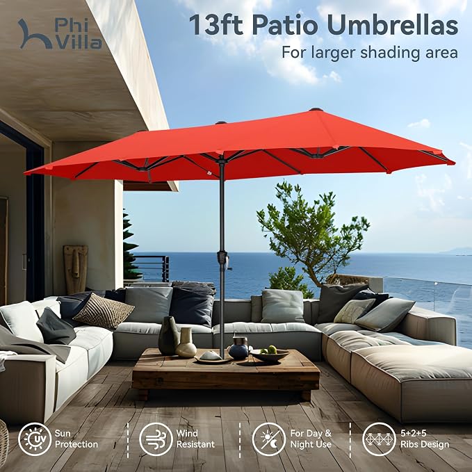 PHI VILLA 8 Pcs Outdoor Dining Set with 13ft Umbrella, Mesh Patio Chairs | 59'' rectangular metal table, 6 textilene chairs and 13ft orange red umbrella(NO BASE), all-weather for deck, garden, yard