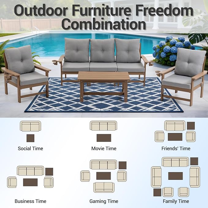 HDPE 7 Piece Patio Furniture Set, Outdoor Sectional Sofa with Coffee Table, Side Table and Seat Cusions, Patio Conversation Set for Party, Backyard, Porch, Deck, Poolside, Brown & Grey