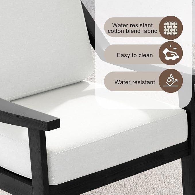 Outdoor Patio Furniture Set, 2 Piece Outdoor Patio Sofa Armchairs with Washable Thick Cushions, All-Weather Solid Wood Patio Bistro Set for Porch, Balcony, Black Frame & Beige Cushion