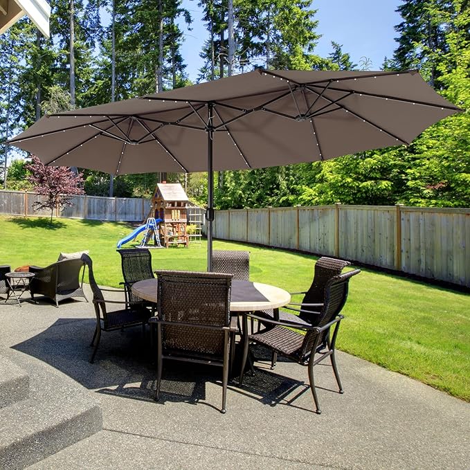 Giantex Large Outdoor Umbrella Double-Sided, 48 Solar Lights, Auto-Charging Solar Panel, Extra Large Patio Umbrella with Base and Crank, Outdoor Market Umbrellas for Poolside Garden