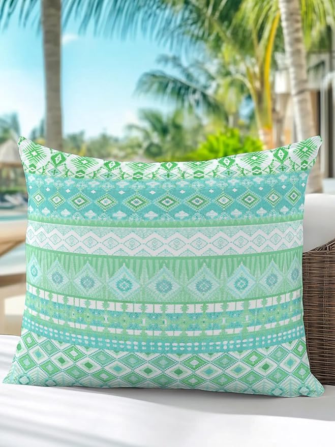 Waterproof Outdoor Pillow 1 Pack Teal Green Bohemian Decorative Throw Pillows Cover & Insert 16x16 Inch Pillowcase Boho Style Floral Leaves Geometric Pillows for Couch Sofa Bed Patio Furniture