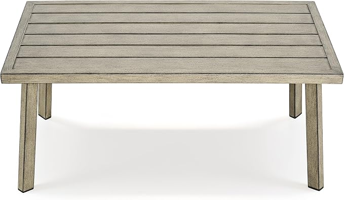 Outdoor Coffee Table, Never-Rust Aluminum Patio Table with Wood Grain Texture, Modern Rectangle Slatted Garden Side Table for Porch, Deck, Balcony, Indoor & Lawn (Taupe)