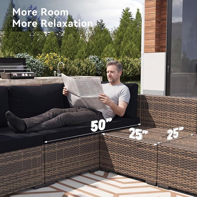 LazySunsets 7 Piece Outdoor Patio Furniture Set with Coffee Table, Outdoor Patio Furniture Sets with 4'' Thicken Cushion, Wicker Rattan Outdoor Conversation Set for Backyard, Black