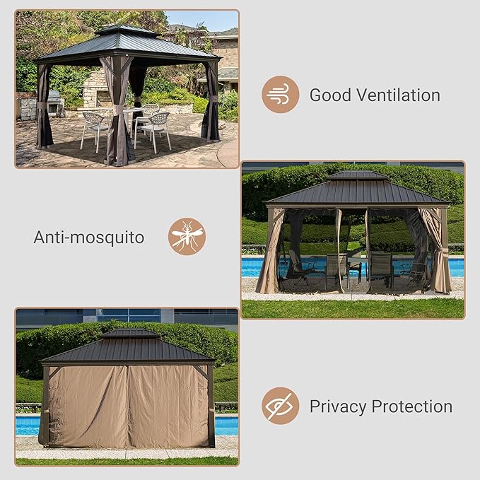 Domi 10' X 13' Hardtop Gazebo, Upgraded Metal Gazebo with Drainage System, Dual-Layer Galvanized Steel Roof, Curtain and Netting, Outdoor Shelter Canopy for Patio, Garden, and Backyard, Brown