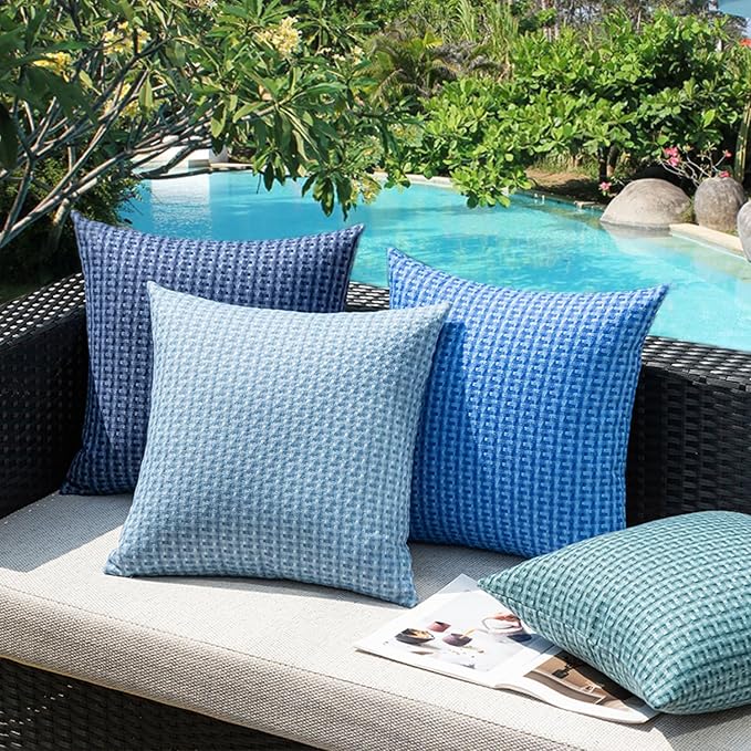 Kevin Textile Outdoor Waterproof 16"x16" Pillow Covers 2 Pack, Light Blue | Water Resistant Weaving Faux Linen Texture Throw Pillow Covers, Outside Decorative Pillowcases for Garden Patio Balcony Couch