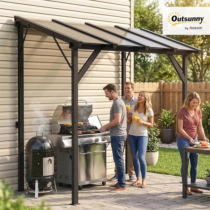 Outsunny 8' x 5' Hardtop Grill Gazebo, Lean-to BBQ Gazebo Shelter, Wall-Mounted Pergola with Polycarbonate Roof and Steel Frame, for Outdoor, Patio, Lawn, Garden, Patio, Backyard