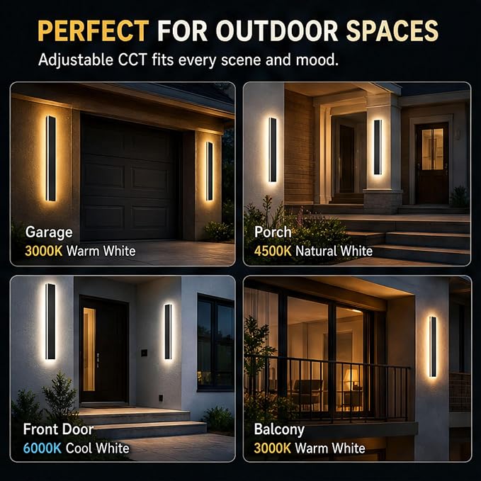 Modern Outdoor Wall Light 1pack 31in, 4.33in Width, Dimmable LED | 1600LM for Garage Front Door Porch, IP65 Waterproof Outdoor Sconce, Cover All Jbox, 3000K-6000K Adjustable, Matte Black