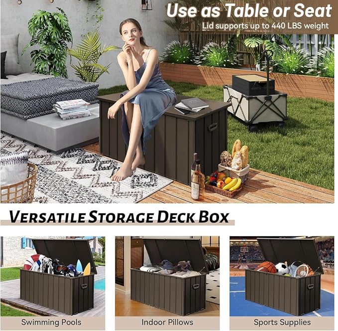 LuckyNote】190 Gallon Metal Deck Box, Waterproof Steel Outdoor Box, Large Patio Furniture Storage Cabinet, Lockable Storage Bench for Porch Package Delivery,Pool, Tools, Backyard (Dark Brown)