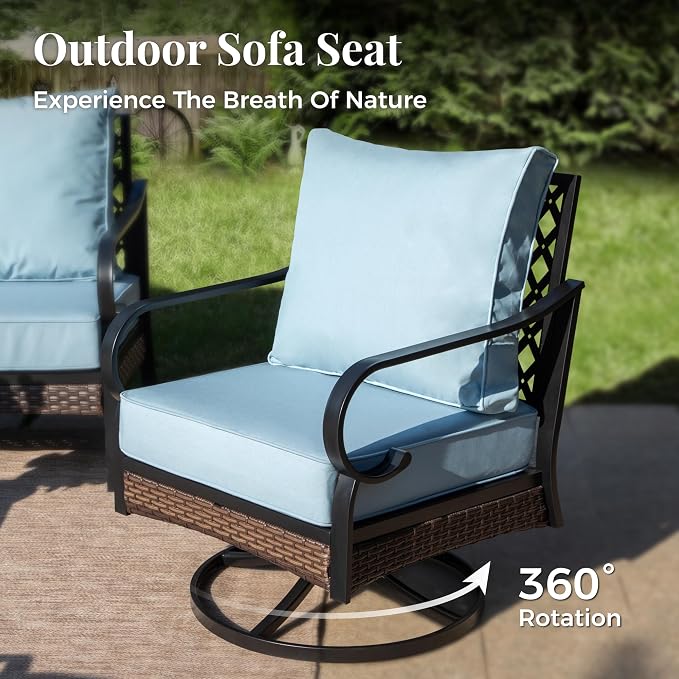 MIXPATIO Patio Furniture Set with Coffee Table, Outdoor Conversation Set with 2 x Fixed Chairs, 2 x Swivel Chairs, 1 x 3-Seat Sofa for Lawn Garden Backyard, Blue