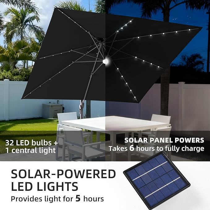 JZAC & QZYD 9x9 FT Outdoor Cantilever Patio Umbrella with Base Included and Solar LED Lights, Large Heavy Duty 2-Tier Square Aluminum Offset Umbrellas with 360-Degree Rotation for Pool Deck, Black