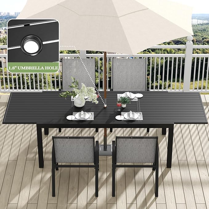 PIZZELLO 7 Pieces Outdoor Dining Set, 106" Aluminum Extendable Patio Dining Table w/ 6Pcs Stackable Textilene Chairs, All Weather Outdoor Table and Chairs Sets for Backyard, Garden, Deck and Poolside