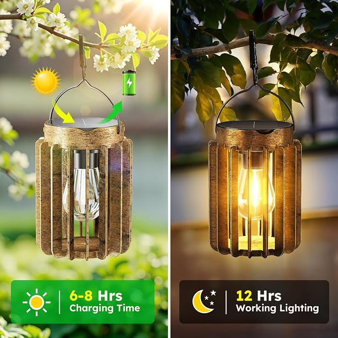 4 Pack Solar Lanterns Outdoor Waterproof, Retro Metal Hanging Lantern | 12-Hr Runtime Outdoor Solar Lantern, Auto On At Dusk, High Bright Hanging Solar Lights for Outside Garden Porch Patio Decor